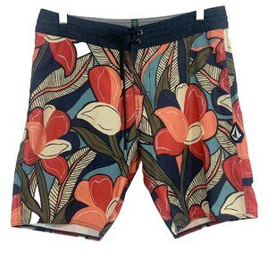 Volcom Mens Red Blue Floral Board Swim Shorts Surf Size 31 Vacation Tropical EUC